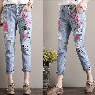 Washed Distressed Embroidered Printed Slim-fit Jeans