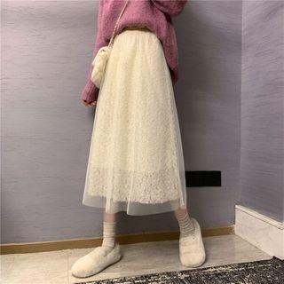 Mesh Panel Lace Midi A-line Skirt