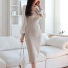 Long-sleeve Square-neck Striped Sheath Dress