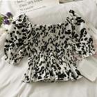 Boatneck Leopard-print Smocked Crop Top White - One Size