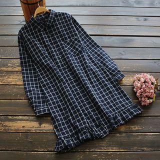 Plaid Long-sleeve Shirt Dark Blue - One Size