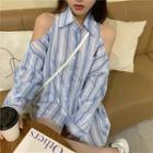 Striped Cutout Long-sleeve Loose-fit Shirt Blue - One Size