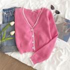Long-sleeve Contrast Trim V-neck Knit Cardigan Pink - One Size
