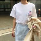 Set : Print Short-sleeve T-shirt + Plaid Mini Skirt
