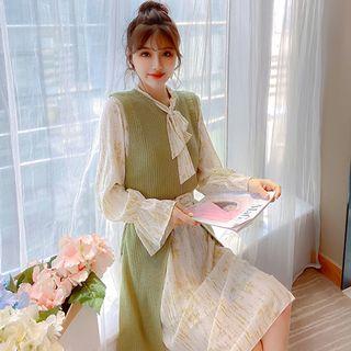 Set: Tie-neck Chiffon Dress + Knit Long Vest