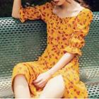Floral Print Elbow-sleeve Slit Midi A-line Dress