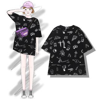 Oversized Elbow-sleeve Print T-shirt