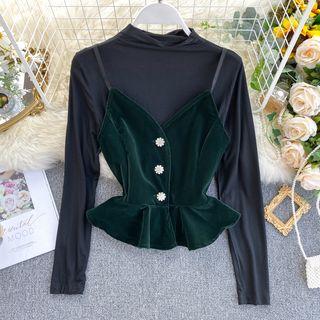 Set: Mock-turtleneck Long-sleeve Top + Peplum Velvet Camisole Top