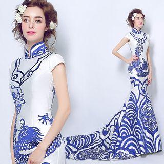 Cap-sleeve Trained Wedding Gown