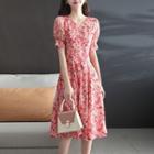 Puff Sleeve V-neck Floral Print Chiffon A-line Dress