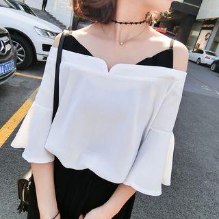 Set: Off-shoulder Bell-sleeve Blouse + Wide Leg Cropped Pants