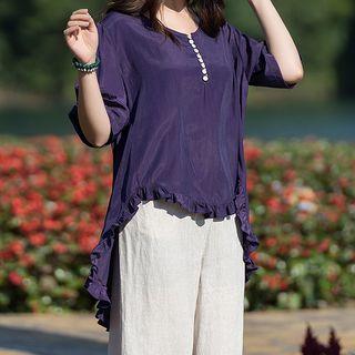 Elbow-sleeve Linen Ruffle Trim Top
