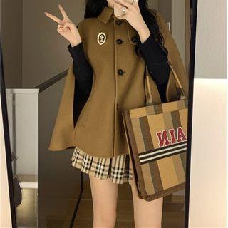 Long-sleeve Plain Woolen Capelet Khaki - One Size