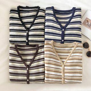 Color-block Striped V-neck Single-breasted Cardigan
