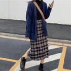 Cable Knit Loose-fit Cardigan / Plaid Midi Skirt