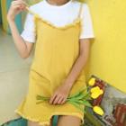 Set: Fray Trim Spaghetti Strap Denim Dress + Plain Short Sleeve T-shirt