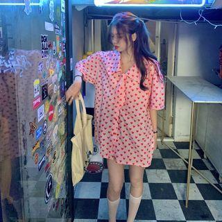 Short-sleeve Heart Print Oversized Shirt Pink - One Size