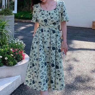 Puff-sleeve Square-neck Printed Midi Dress