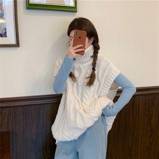 Turtle-neck Cap-sleeve Cable-knit Sweater White - One Size