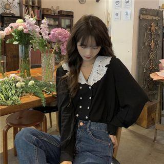 V-neck Two Tone Lace Button-up Blouse Black - One Size
