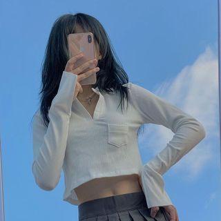 Long Sleeve Open-collar Knit Top