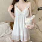 Spaghetti Strap Lace Trim Bow-front Sleep Dress White - One Size