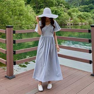 Shirred Striped Long Dress