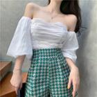 Off-shoulder Puff-sleeve Top / Houndstooth Shorts