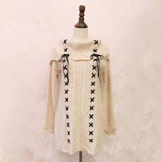 Lace-up Striped Off Shoulder Long Sweater