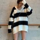 Striped V-neck Knit Sweater As Figure - One Size