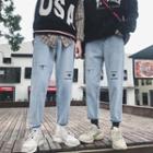 Couple Matching Washed Ripped Embroidered Jeans