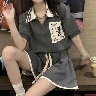 Elbow-sleeve Graphic Print Zip Polo Shirt / Shorts