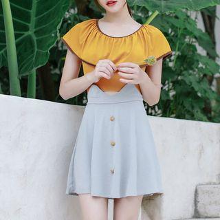 Set: Short-sleeve Swim Top + High-waist Bikini Bottoms + Swim Skirt