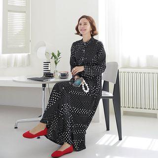 Mandarin-collar Dot Maxi Shirtdress