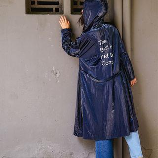 Lightweight Lettering Hooded Long Windbreaker With Sash
