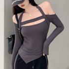 Long-sleeve Off-shoulder Fitted Top Top - Gray - One Size