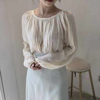 Plain Pleated Long-sleeve Top / A-line Skirt