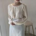 Plain Pleated Long-sleeve Top / A-line Skirt