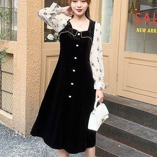 Floral Panel Sleeve Pleuche Midi Dress