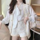 Tweed Vest / Shorts / Tie Neck Blouse