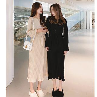 Long-sleeves Frill-trim Sashed Midi Dress
