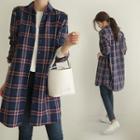 Loose-fit Long Plaid Shirt Navy Blue - One Size