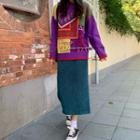Long-sleeve Printed Knit Sweater / Corduroy Midi Skirt