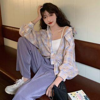 Plaid Shirt / Drawstring Long-sleeve Cropped Top / Wide-leg Pants