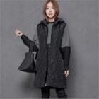 Fleece-hooded Zip-up Long Padded Vest Black - One Size