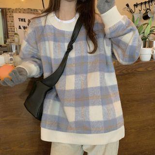 Plaid Sweatshirt Plaid - Camel & Light Blue & White - One Size