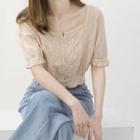 Lace Panel Short-sleeve Square-neck Cropped Blouse Nude - One Size
