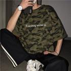 Elbow-sleeve Camouflage Print Oversize Lettering T-shirt