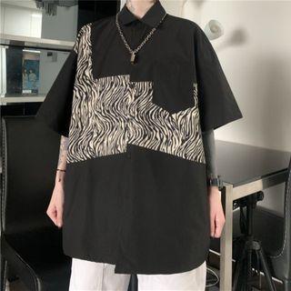 Elbow-sleeve Leopard Panel Plain Shirt