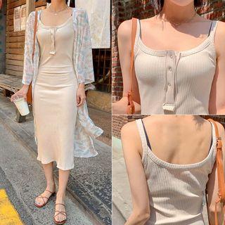 Button-front Ribbed Pinafore Dress